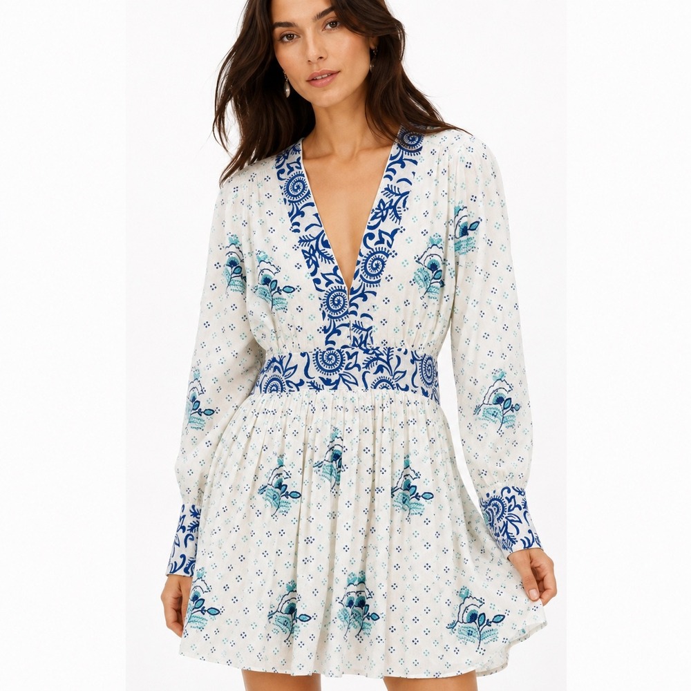 Oliphant Little Palm Dress Womens Small Blue White Block Print Sequin Coastal